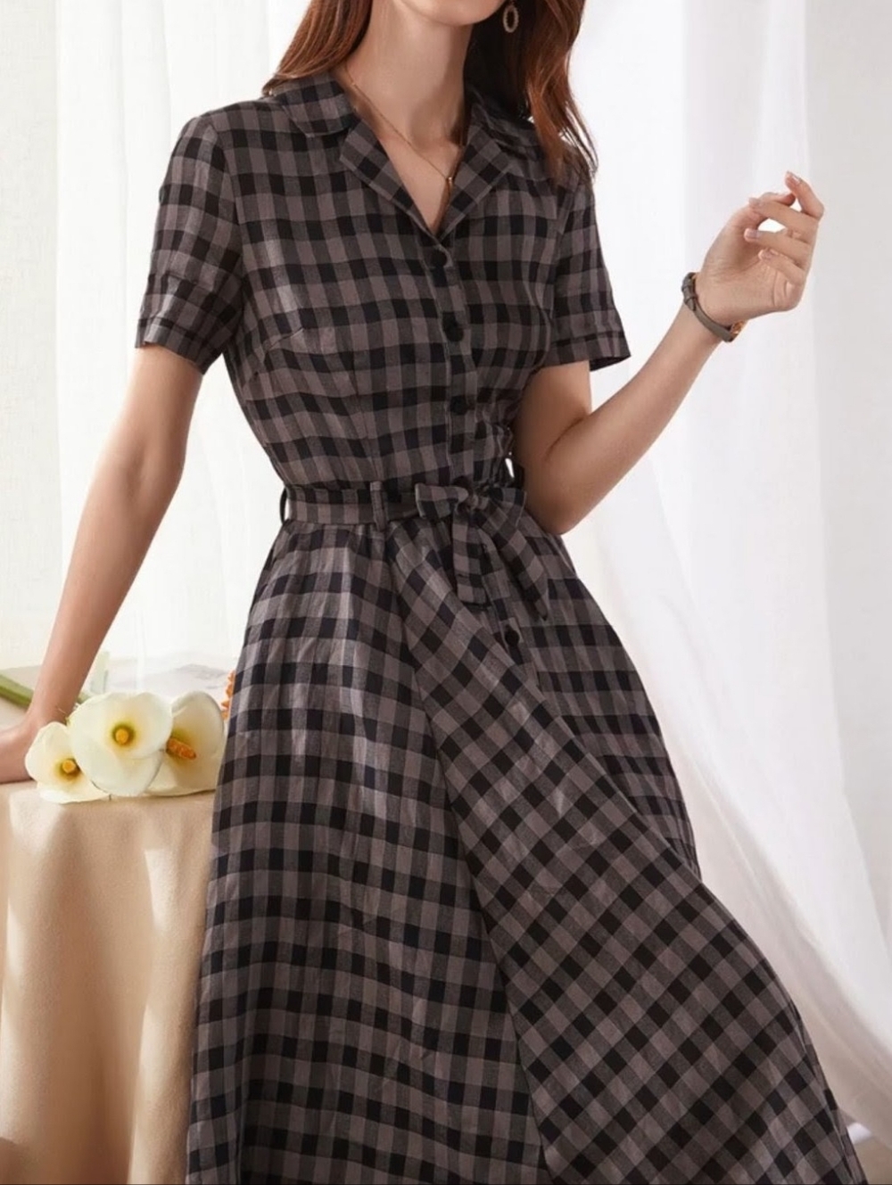 Xiaolizi Retro Fit And Flare Checked Linen Lightweight Dress Buttondown. L 50's